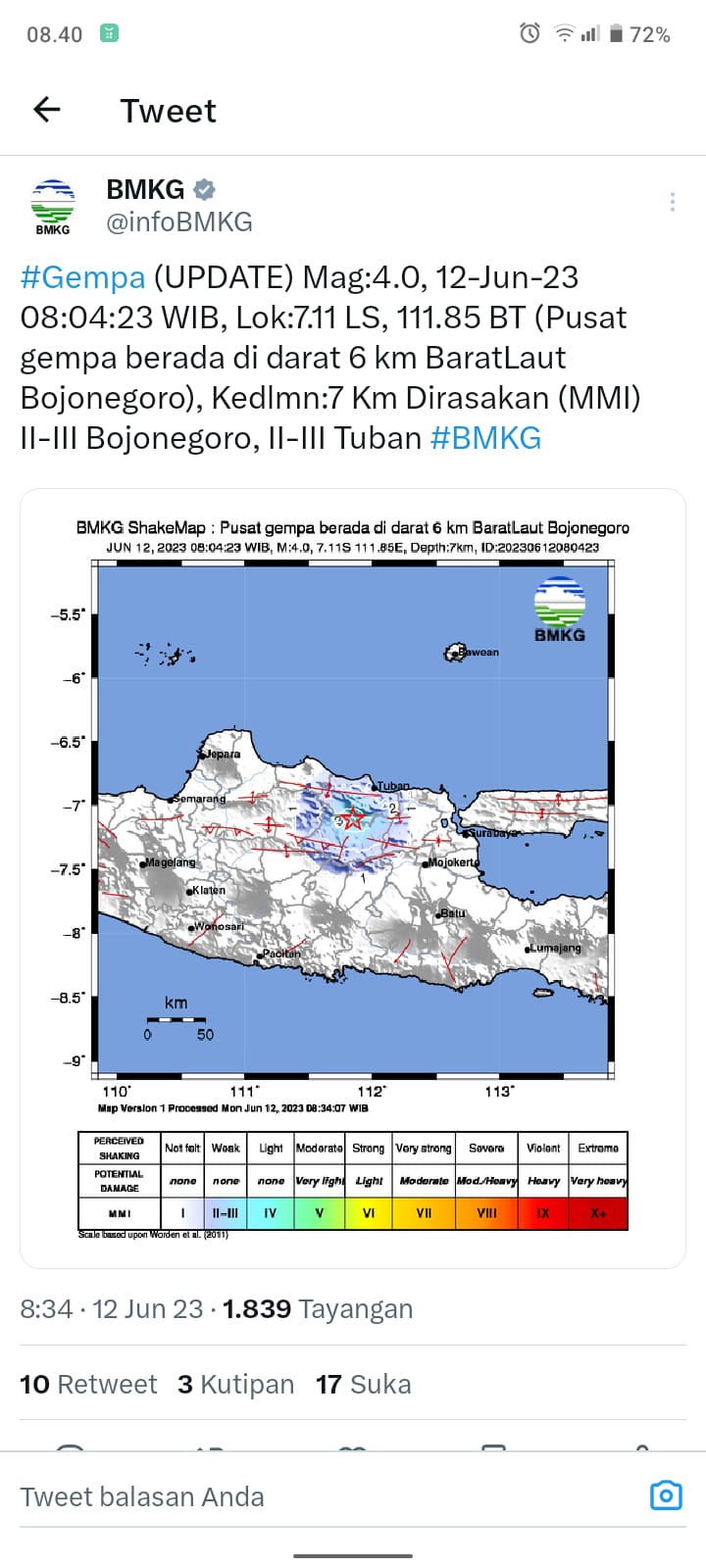Gempabumi Tektonik M4,0 dirasakan di Kabupaten Bojonegoro dan Kabupaten Tuban