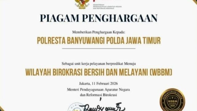 Polresta Banyuwangi Raih Penghargaan Zona Integritas Menuju WBBM Tahun 2025