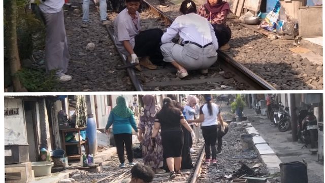 Warga Krembangan Mulyo dan Mahasiswa Unair Gelar Kerja Bakti Bersih-Bersih Bantaran Rel